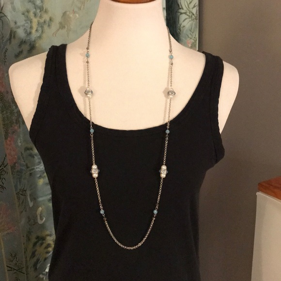 πHPπ Long Pearl and Blue Bead Layering Necklace - Picture 1 of 5
